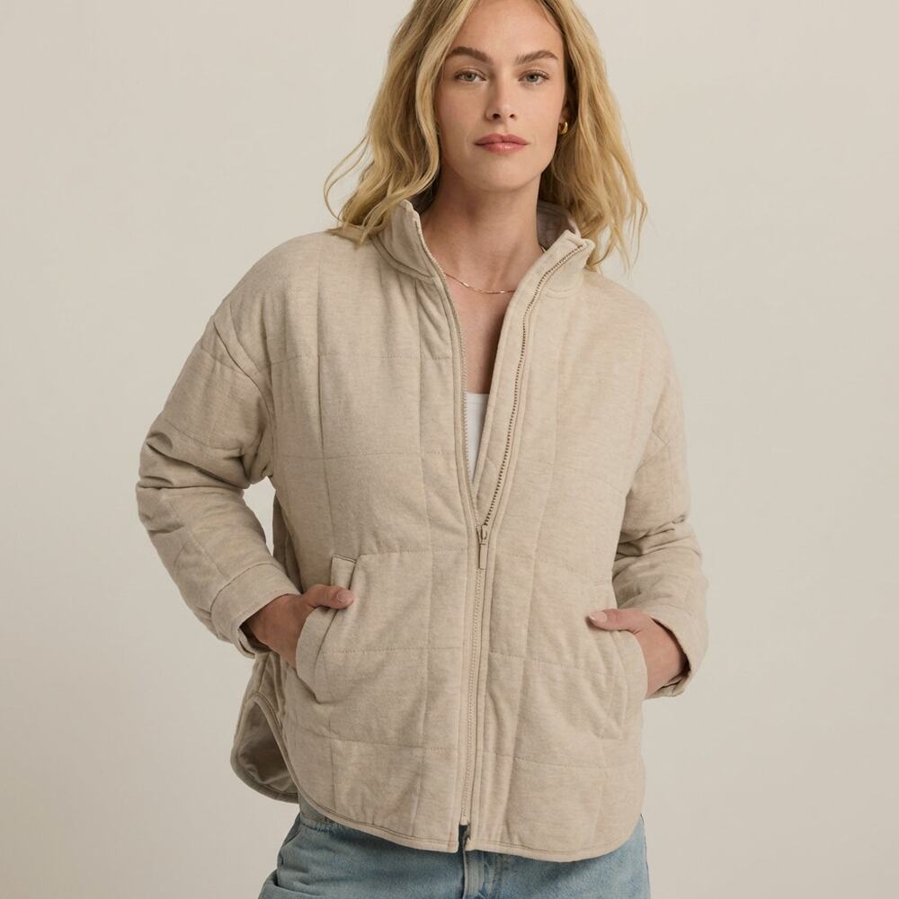 Z Supply Bonfire Jacket Womens XL Heather Latte Full Zip Bomber Quilted Shirt